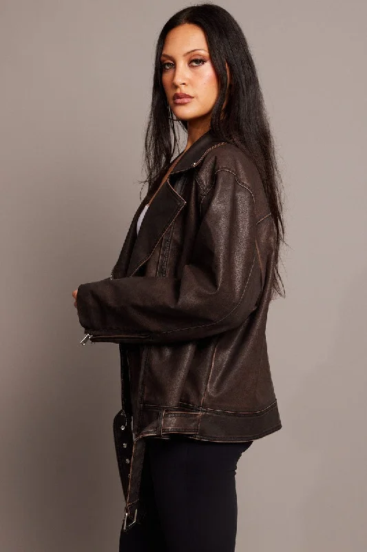 Brown Biker Jacket Faux Leather Oversized