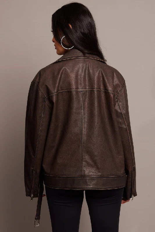 Brown Biker Jacket Faux Leather Oversized