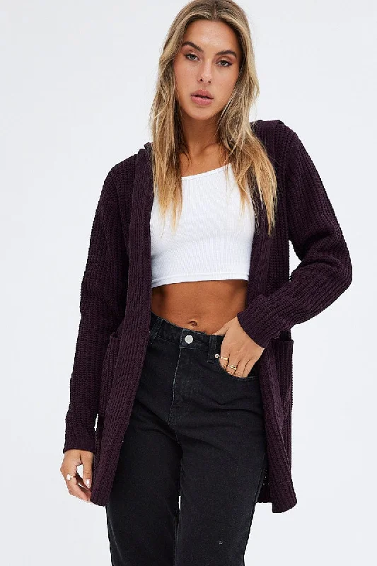 Brown Knit Cardigan Hooded Chenille