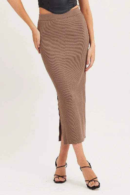 Brown Knit Skirt Midi High Rise