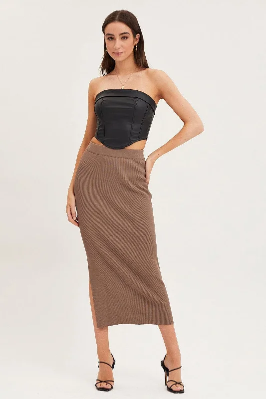 Brown Knit Skirt Midi High Rise