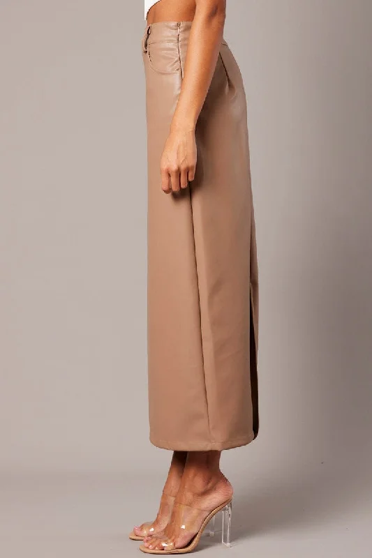 Brown Midi Skirt Faux Leather