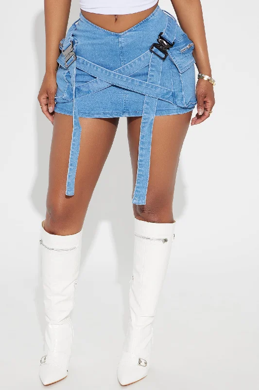 Causing Trouble Strap Denim Mini Skirt - Light Wash