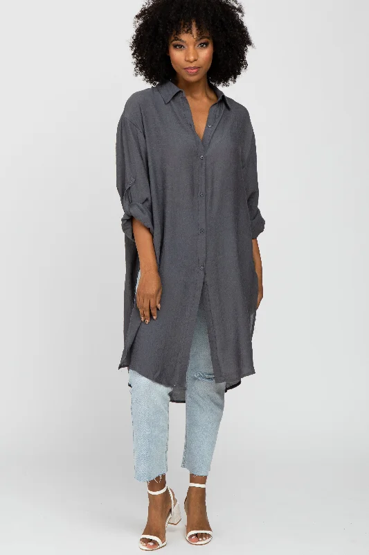 Charcoal Button Front Side Slit Oversized Blouse