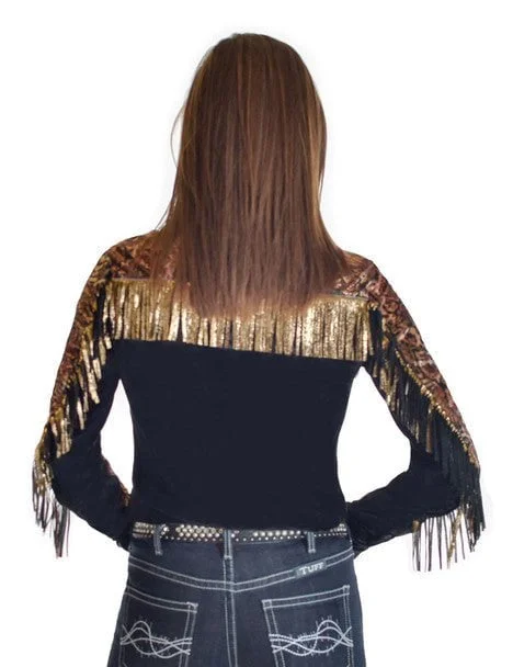 Cowgirl Tuff Womens Animal Fringe Black Polyester L/S Shirt