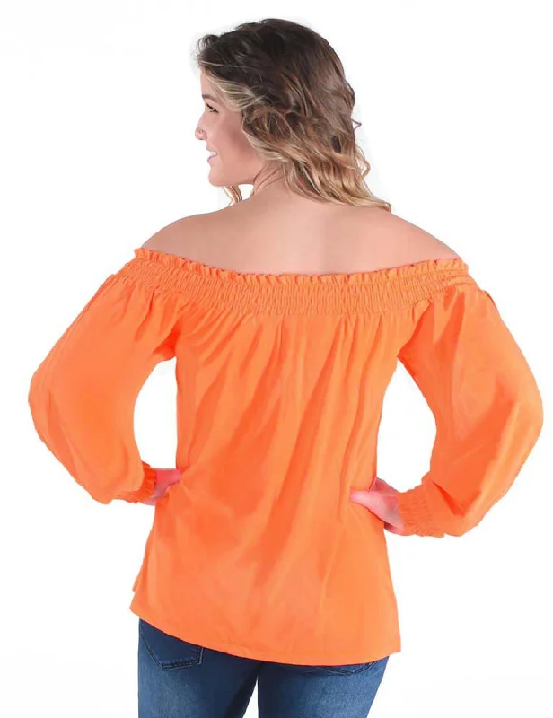 Cowgirl Tuff Womens Cooling UPF Off Shoulder Tangerine Nylon L/S Blouse