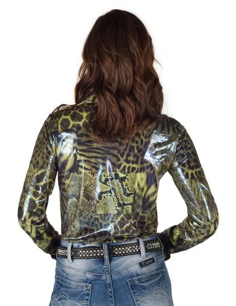 Cowgirl Tuff Womens Shiny Animal Green Polyester L/S Shirt