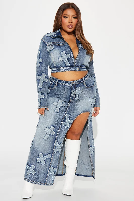 Cross Your Heart Denim Maxi Skirt - Medium Wash