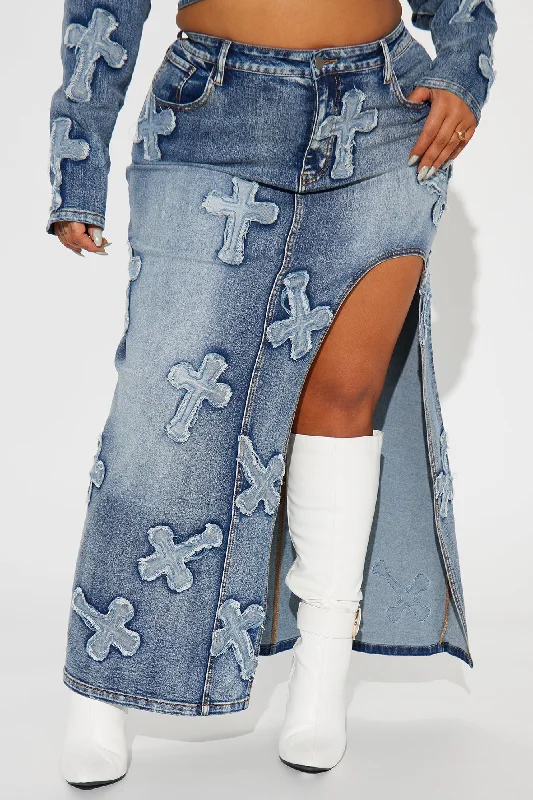 Cross Your Heart Denim Maxi Skirt - Medium Wash