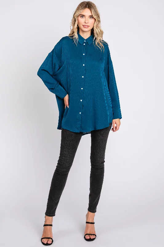 Dark Teal Striped Button Up Top