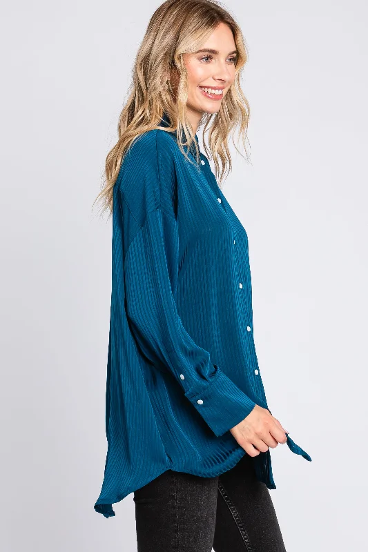 Dark Teal Striped Button Up Top