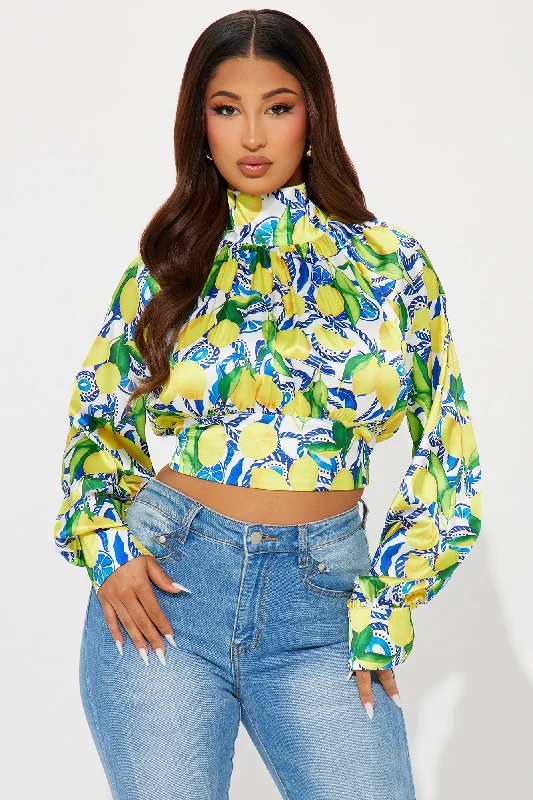 Fresh Squeezed Satin Blouse Top - Yellow/combo