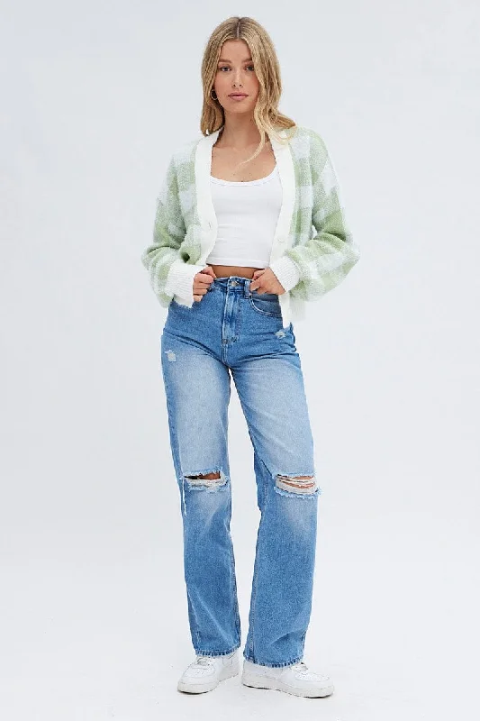 Green Check Crop Knit Cardigan Check