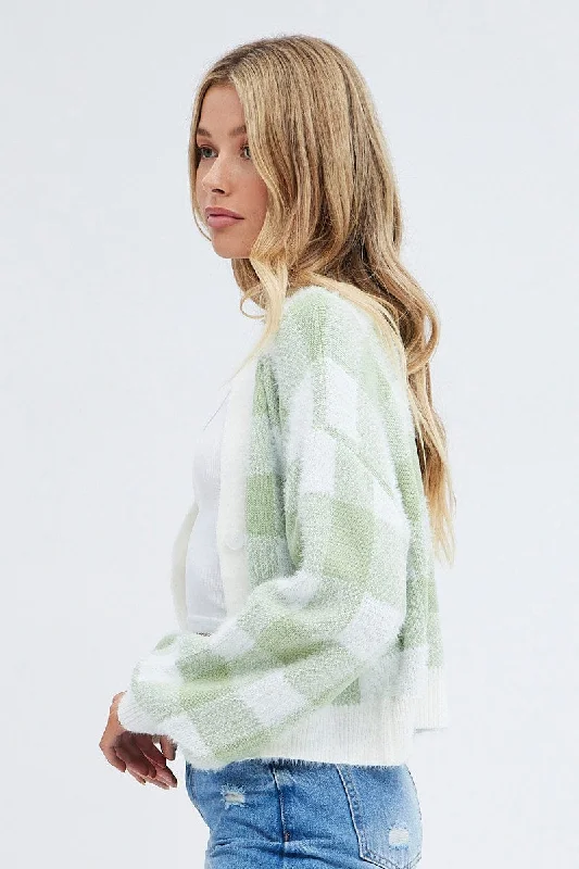 Green Check Crop Knit Cardigan Check