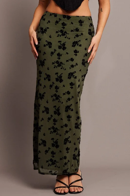 Green Floral Maxi Skirt Side Split