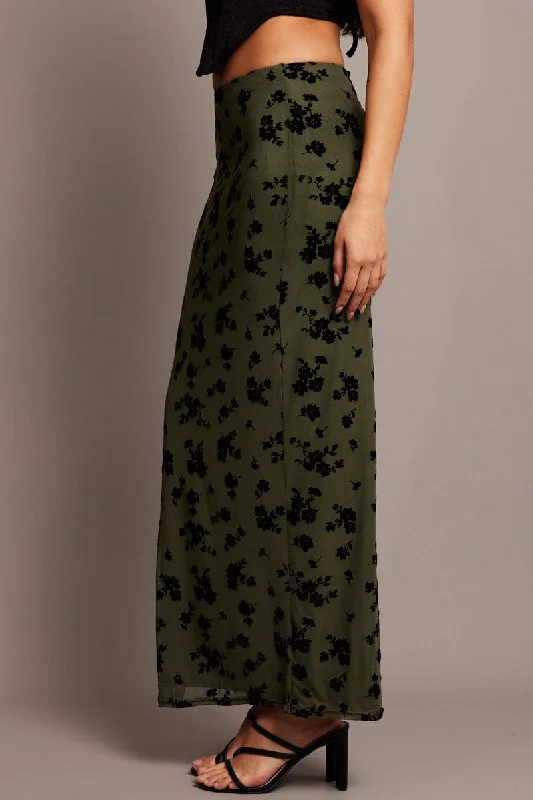 Green Floral Maxi Skirt Side Split