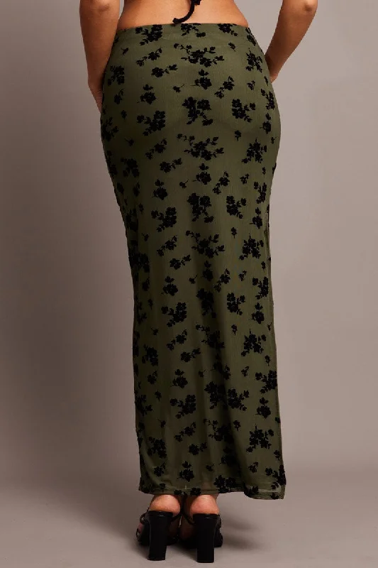 Green Floral Maxi Skirt Side Split