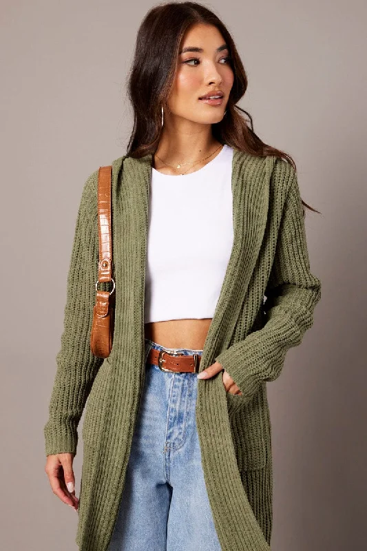 Green Knit Cardigan Hooded Longline Chenille