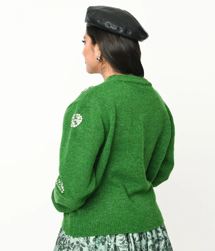 Green Rhinestone Hearts Embellished Pullover Sweater