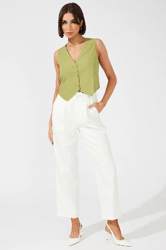 Green Top Waistcost Sleeveless V Neck Button Up Relaxed