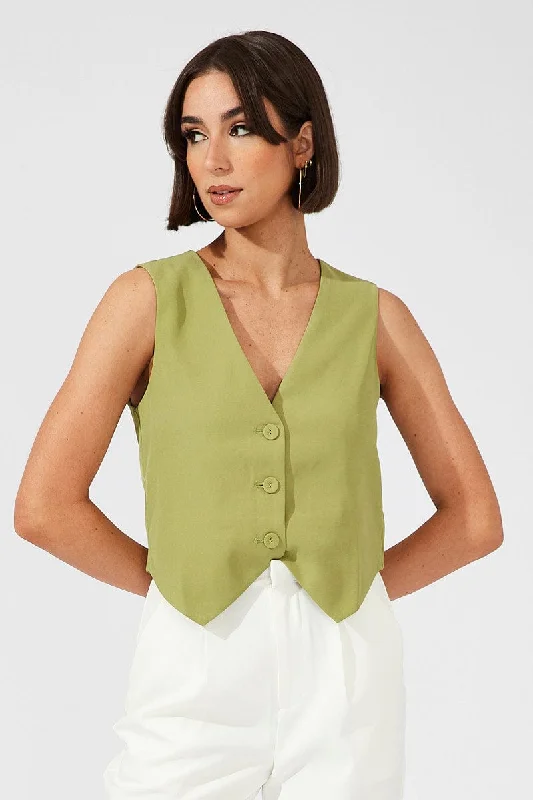 Green Top Waistcost Sleeveless V Neck Button Up Relaxed