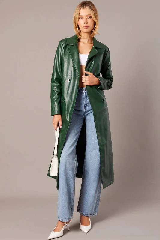 Green Trench Coat Long Sleeves Faux Leather