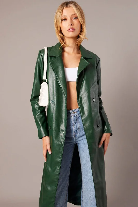 Green Trench Coat Long Sleeves Faux Leather