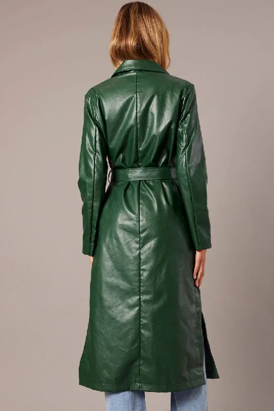 Green Trench Coat Long Sleeves Faux Leather