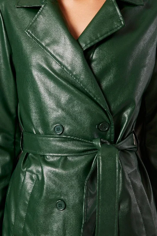 Green Trench Coat Long Sleeves Faux Leather