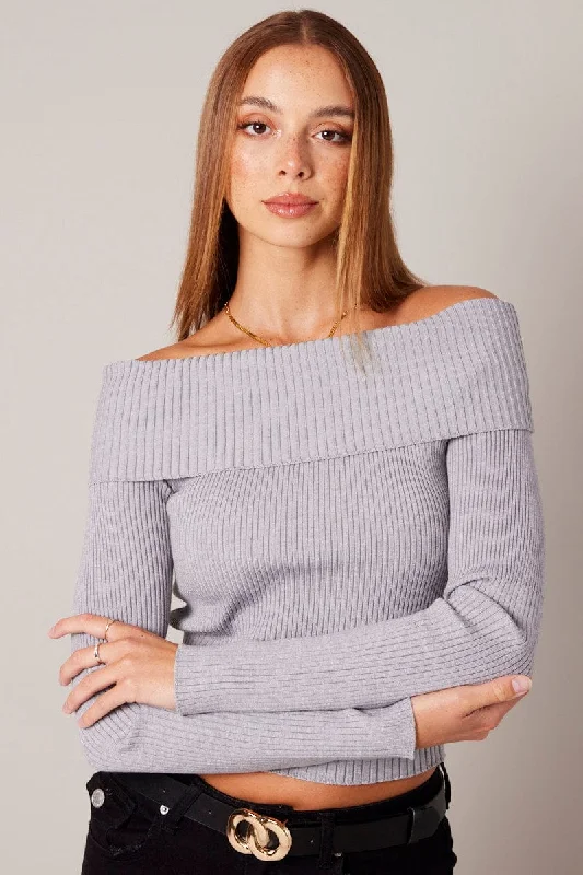 Grey Knit Top Long Sleeve Off Shoulder