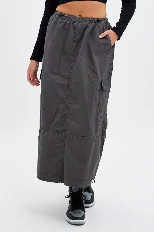 Grey Maxi Skirt Low Rise Cargo Parachute