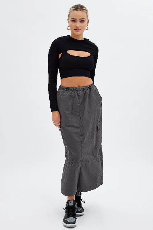 Grey Maxi Skirt Low Rise Cargo Parachute