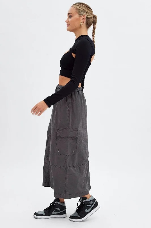 Grey Maxi Skirt Low Rise Cargo Parachute