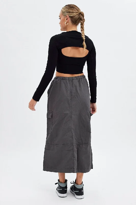 Grey Maxi Skirt Low Rise Cargo Parachute