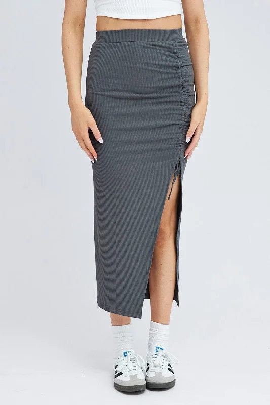 Grey Midi Skirt High Rise Ribbed