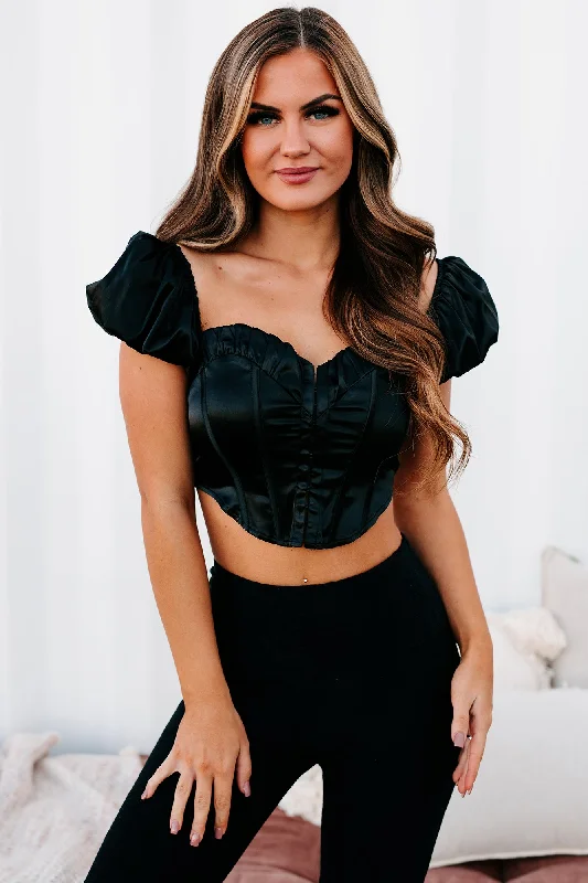 I Don't Need Luck Cap Sleeved Satin Crop Top (Black)