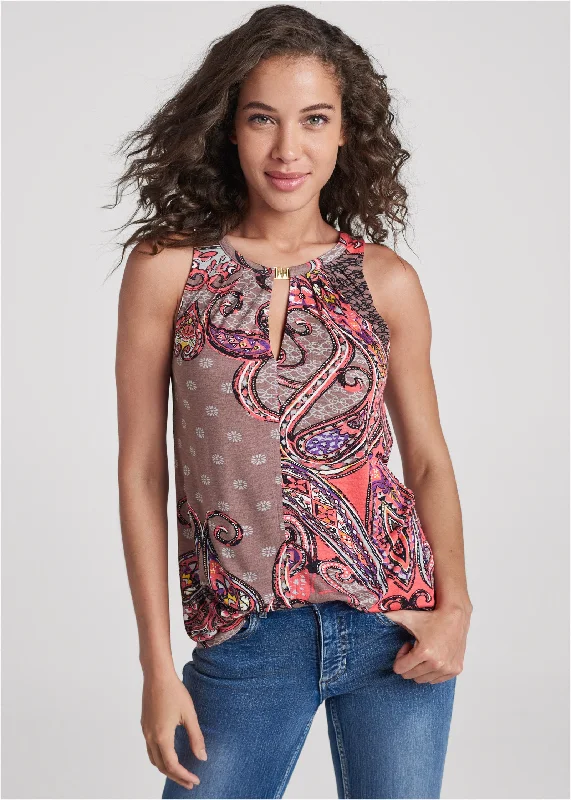 Sleeveless paisley top - Pink Multi