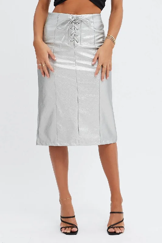 Metallic Midi Skirt Low Rise Lace Up Front Faux Leather PU