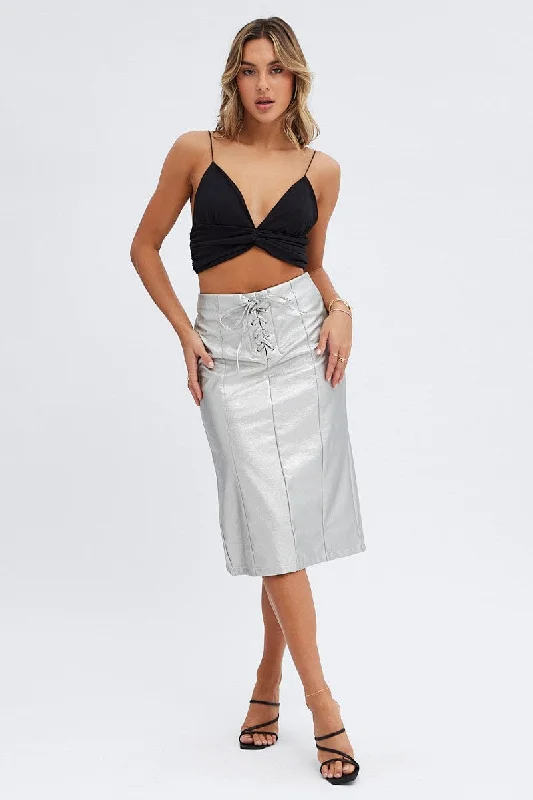 Metallic Midi Skirt Low Rise Lace Up Front Faux Leather PU