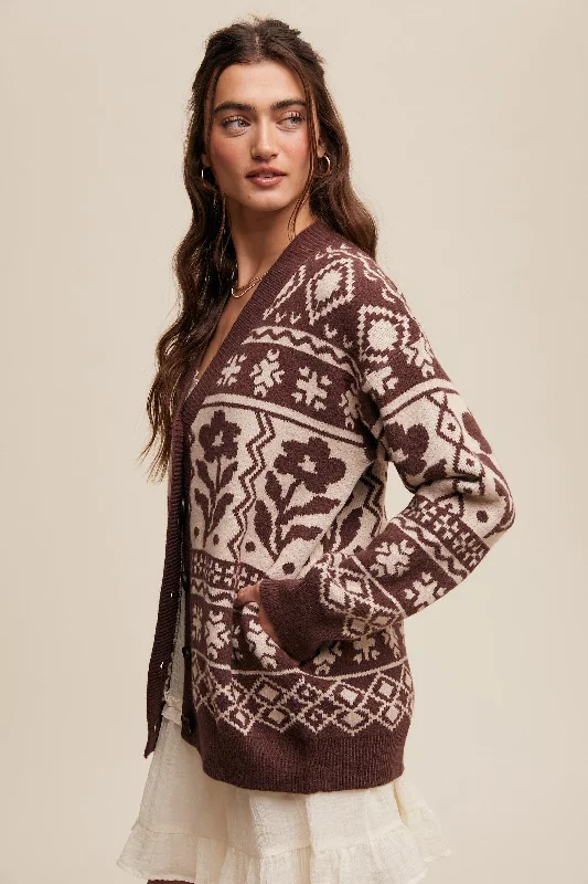 Mocha Printed Button Up Cardigan