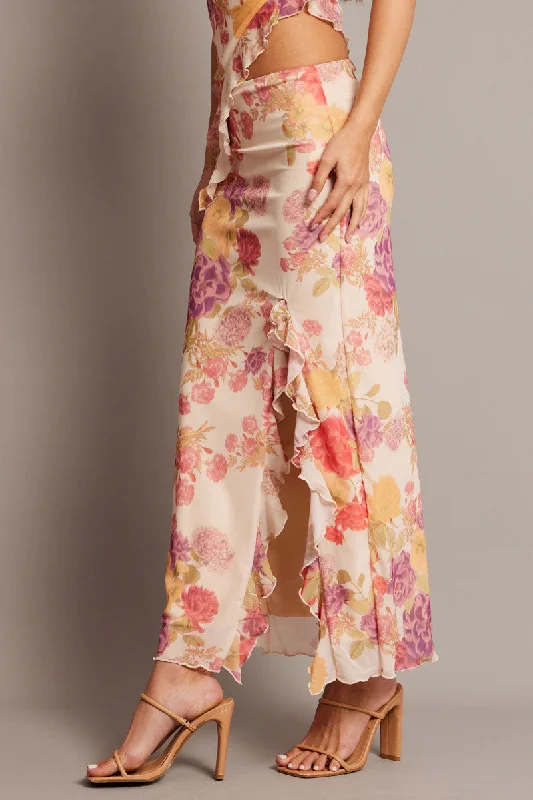 Multi Floral Maxi Skirt High Rise Ruffled Slit Frill Hem Mesh