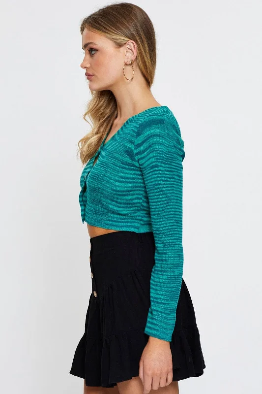 Multi Knit Cardigan Long Sleeve Crop Round Neck