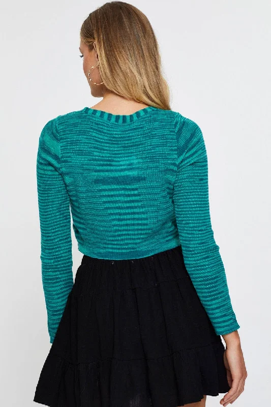 Multi Knit Cardigan Long Sleeve Crop Round Neck