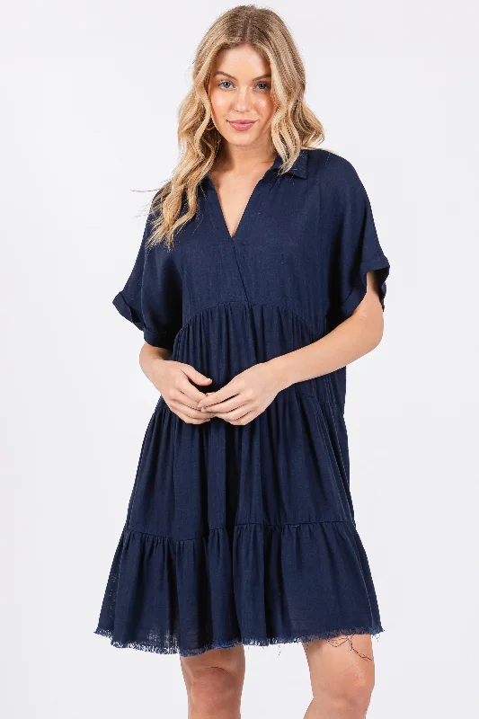 Navy Tiered Linen Dress