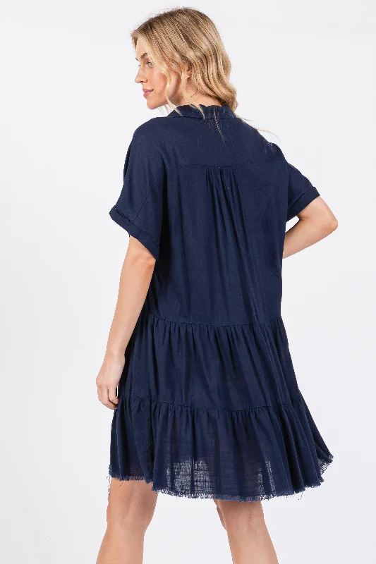 Navy Tiered Linen Dress