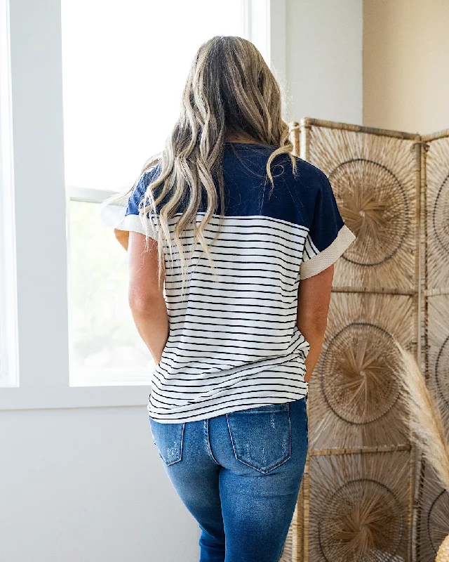 NEW! Eve Striped Crewneck Color Block Top - Navy