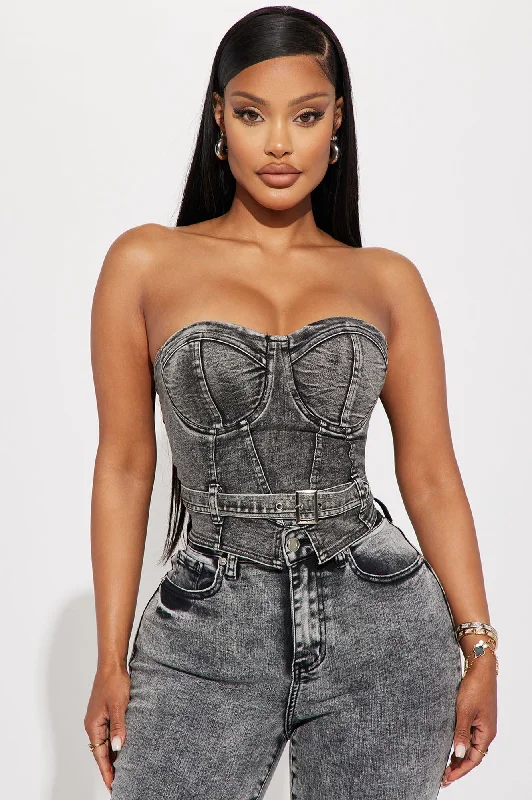 No Invite Denim Corset Top - Acid Wash Black