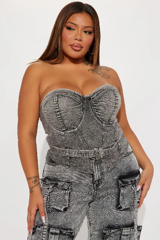 No Invite Denim Corset Top - Acid Wash Black