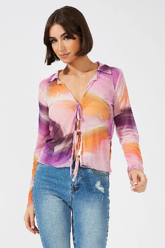 Pink Abstract Mesh Cardigan Long Sleeve