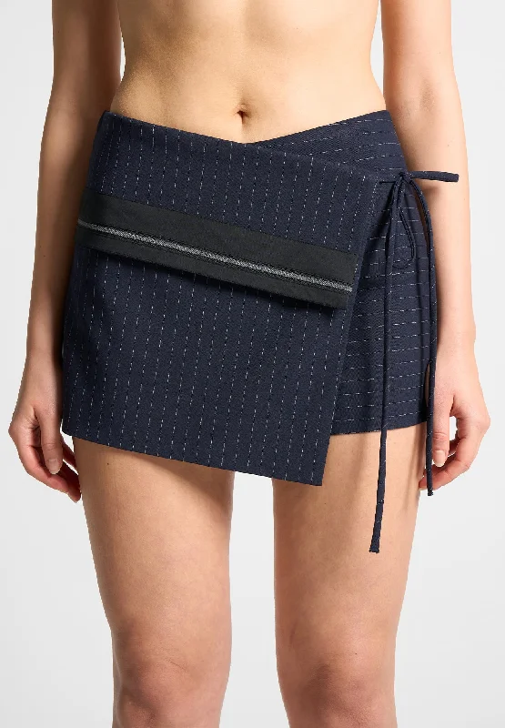 Pinstripe Tailored Mini Skort with Tie - Navy